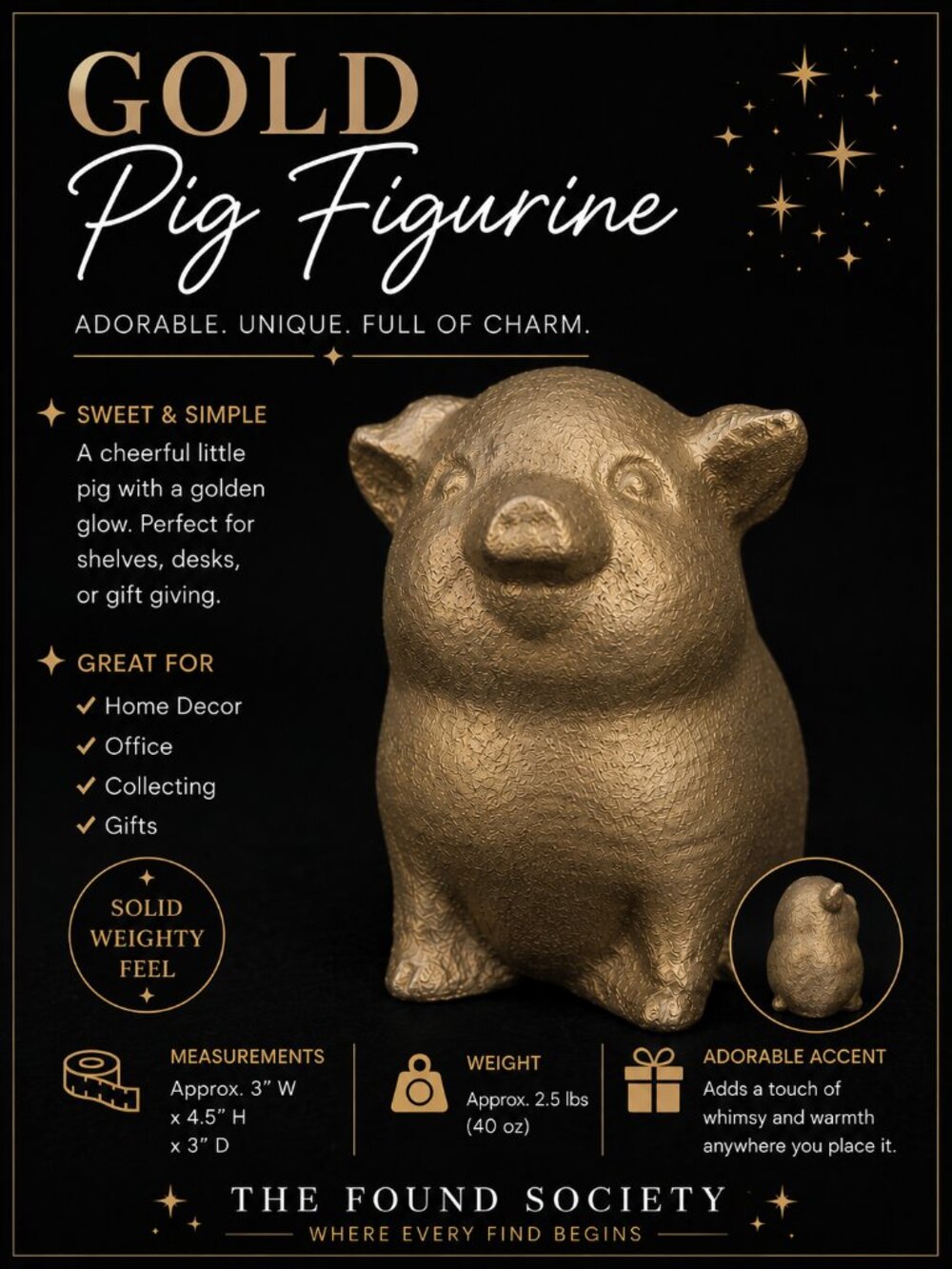 Heavy Gold Pig Figurine | Gold Decorative Pig Statue | Shelf & Tabletop Home Dec